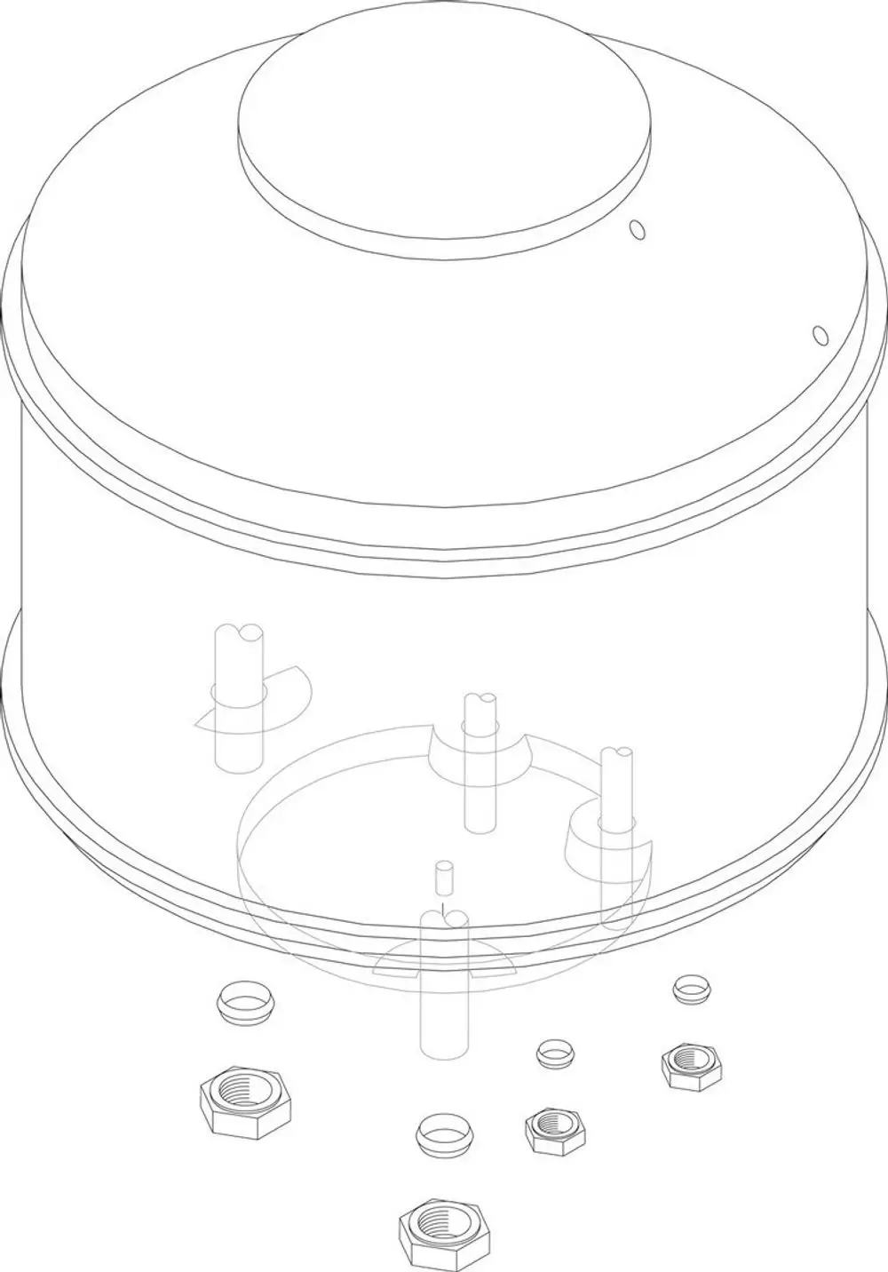 Schematische Darstellung eines Bosch-Speichers mit runder Form, mehreren Anschlüssen und einer Reihe von Schrauben in verschiedenen Größen, die zur Montage verwendet werden.